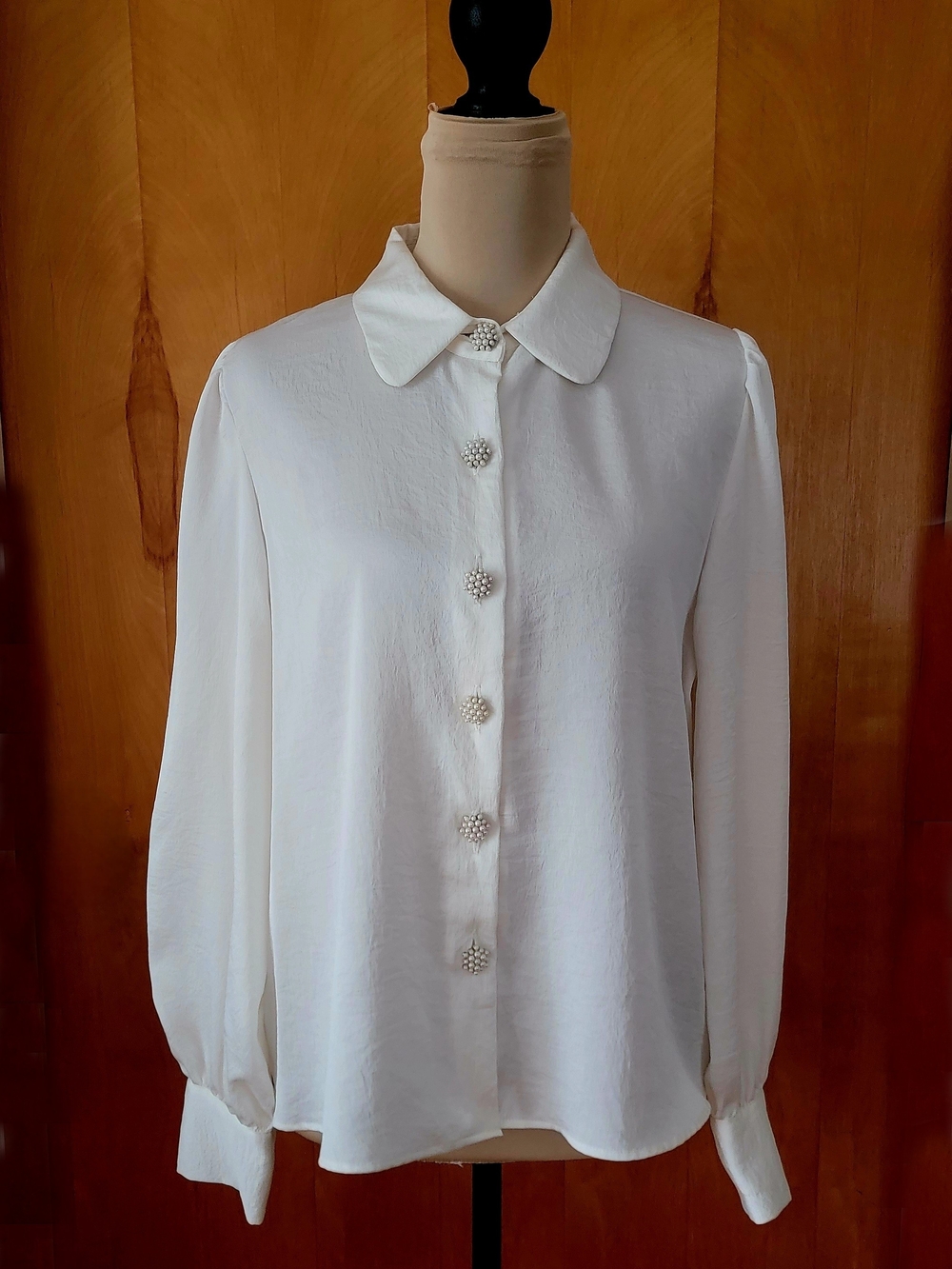 ZARA Cream Ivory Pearl Beaded Button Long Sleeve Blouse - Size L